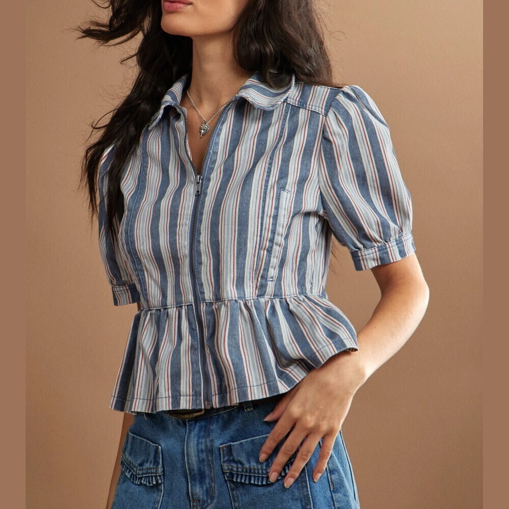 Blue Striped Denim Zip Front Peplum Ruffle Top with Puff Sleeves